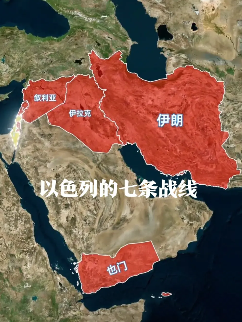 以色列的七条战线：
1.黎巴嫩，与以色列北部接壤。
2.加沙，位于以色列西南角。