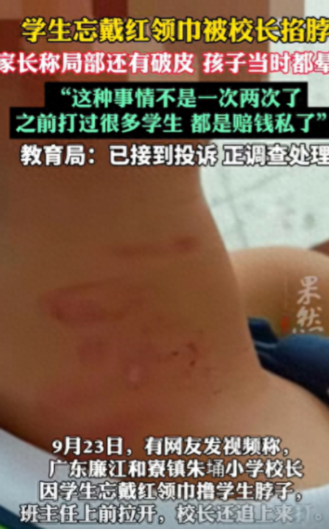 “必须严惩！”广东廉江，一男孩升国旗时未戴红领巾，校长发现后，掐住男孩脖子，男孩