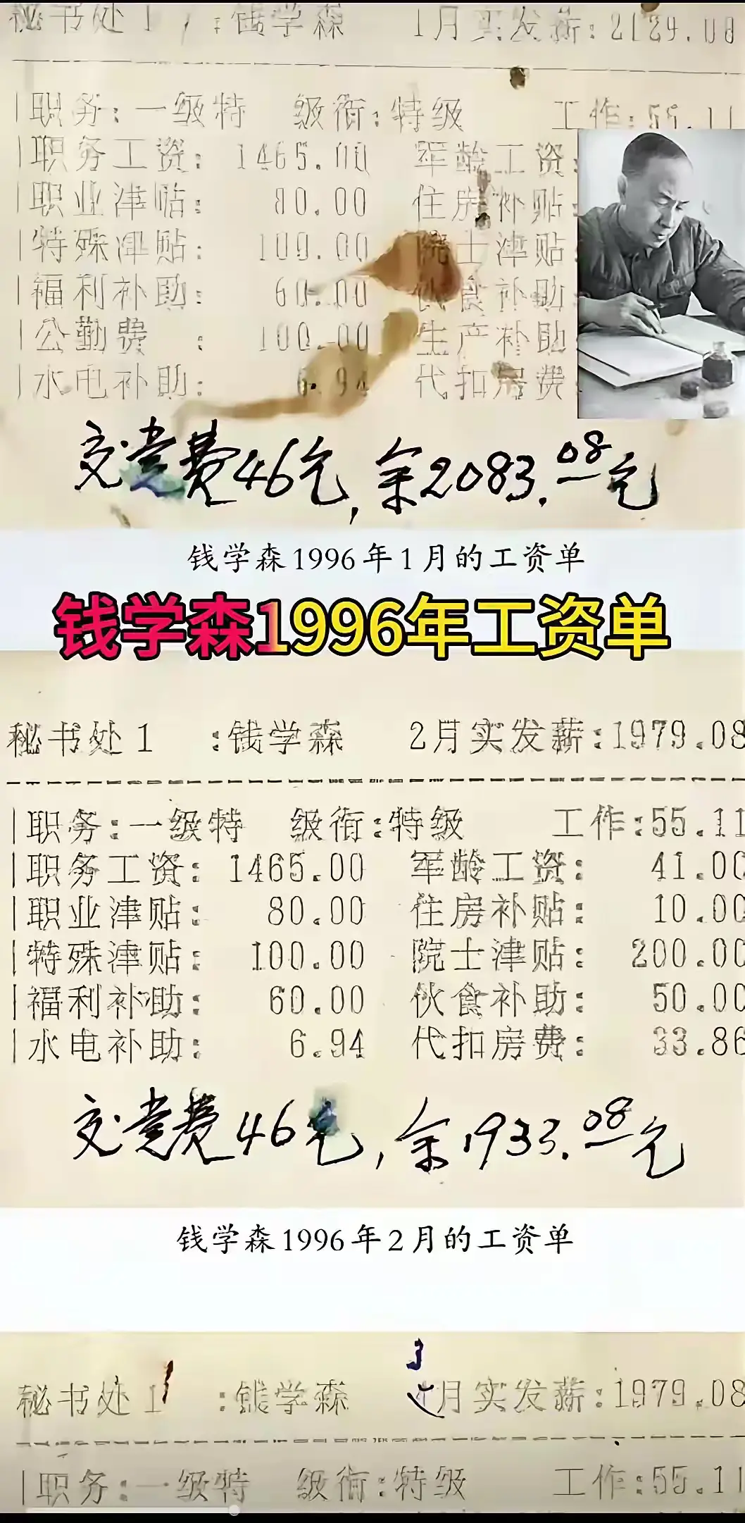 1996年钱学森的退休工资大约是2000元左右
当时全国在职工资不足500元，天