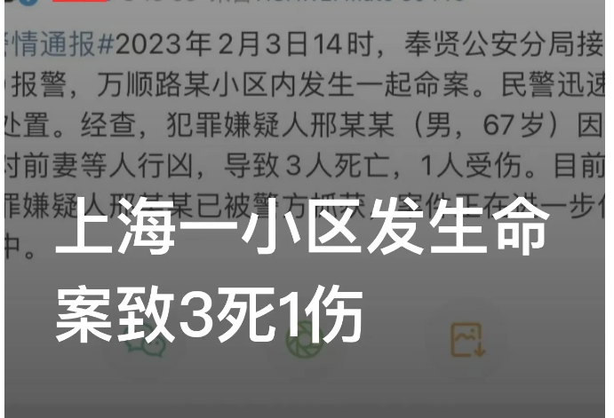上海奉贤，警方接到群众称某小区有人行凶致三死一伤。警方接到报警后第一时间赶到现场