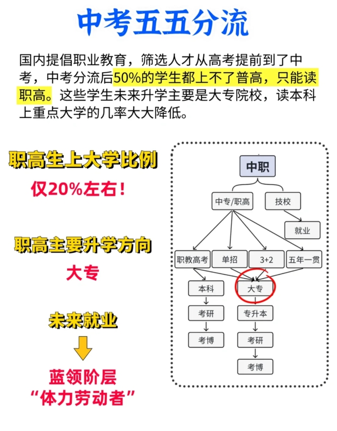 国内筛选人才从高考提前到了中考，初中五五分流后50%的学生都上不了普高，只能读职
