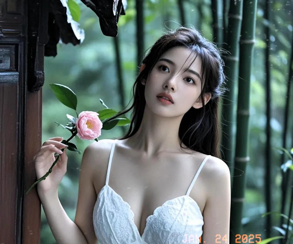 《竹畔佳人》
雨润修篁翠色新，
佳人持蕊立幽林。
素衣轻裹玲珑态，
乌发微扬缱绻