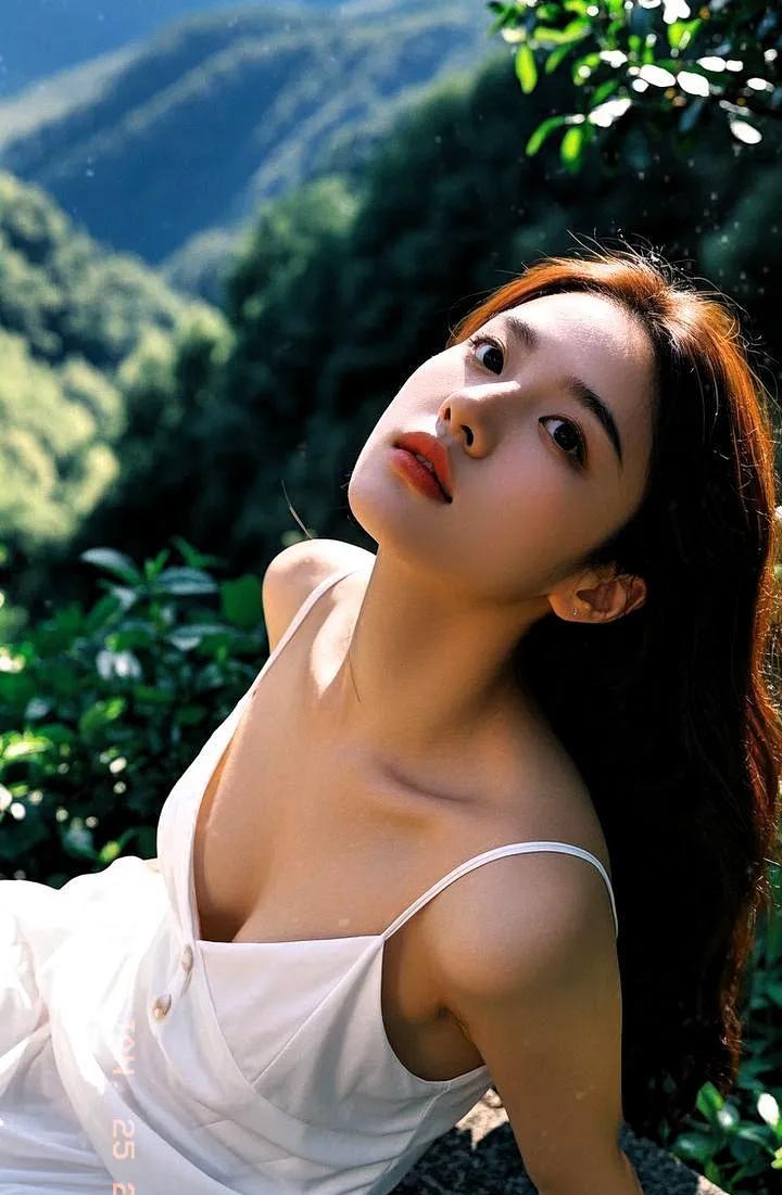 《山畔丽影》
青山叠翠映娇娥，
素缕轻披逸韵多。
乌发如丝添雅态，
明眸似水漾秋