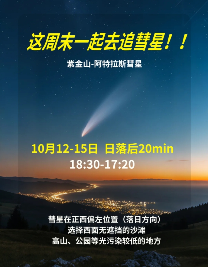 这周末一起去追彗星！6万年一遇的紫金山-阿特拉斯彗星
观测时间：2024年10月
