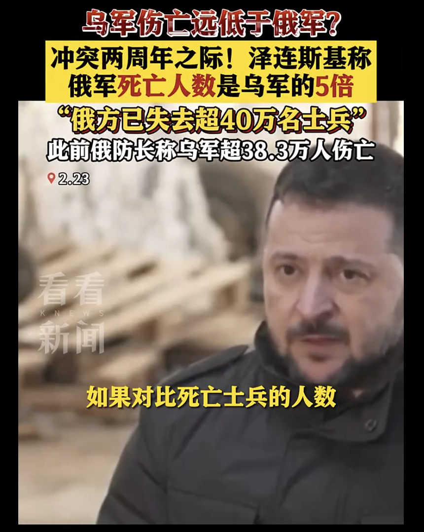泽连斯基说俄军死亡是乌军的5倍，目前俄方已经失去40万名士兵，这么计算乌克兰只是