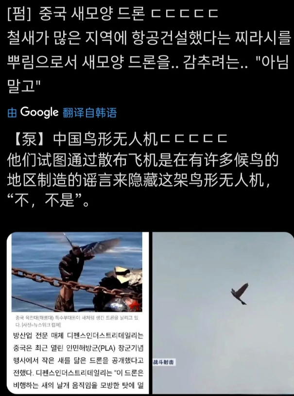 韩国网民信口开河:中国鸟型无人机撞击发动机，导致韩国客机坠毁！