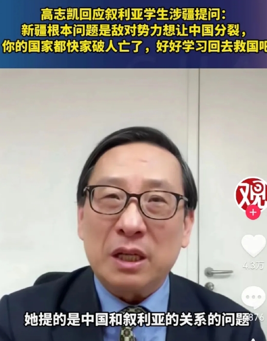 高志凯怼叙利亚女记者那番话太解气了：你的祖国都成废墟了，

此番话说完，现场其他
