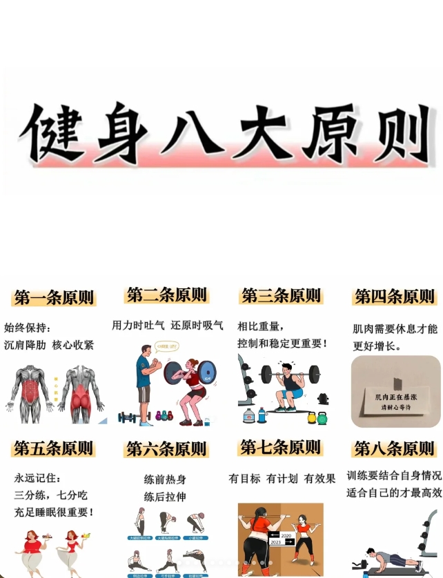 让你少走弯路的健身八大原则！

科学健身的八大原则：

始终保持沉肩降肋、核心收