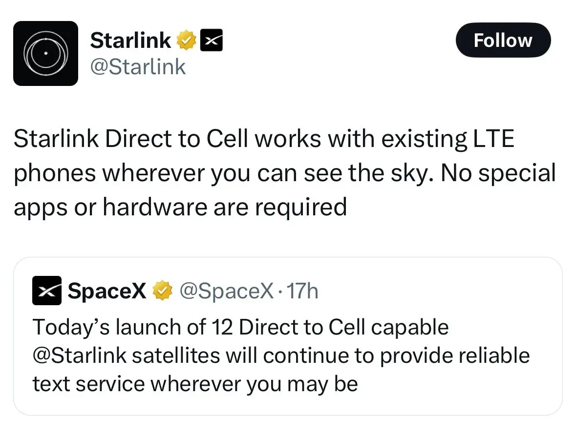埃隆·马斯克的SpaceX公司刚刚发射了12颗具备直连手机功能的卫星，将继续为全