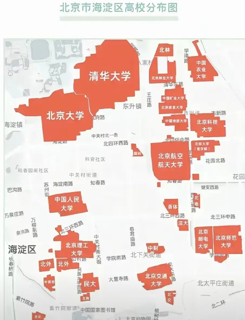 这是北京市海淀区高校分布图，能够清晰地看到各高校的面积。
发现实力越强的大学，校