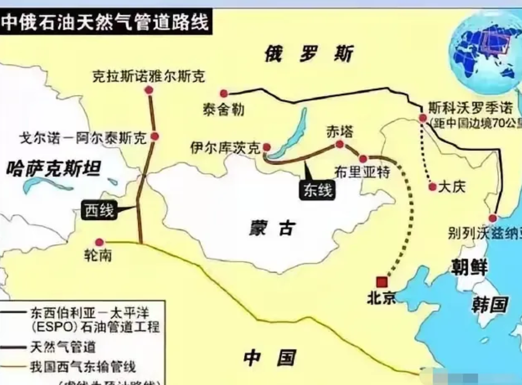 中俄所有的天然气管道都不经过蒙古，这事有意思，按理说管道经过蒙古，肯定是对他百利