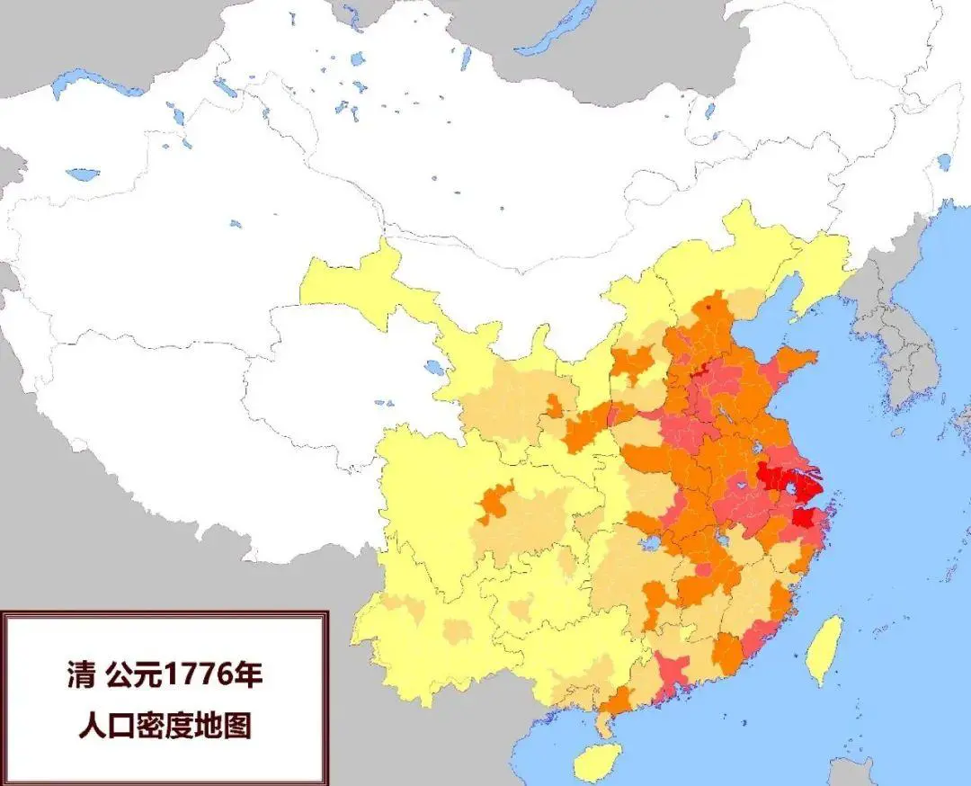 清代人口密度示意图（公元1776年）。