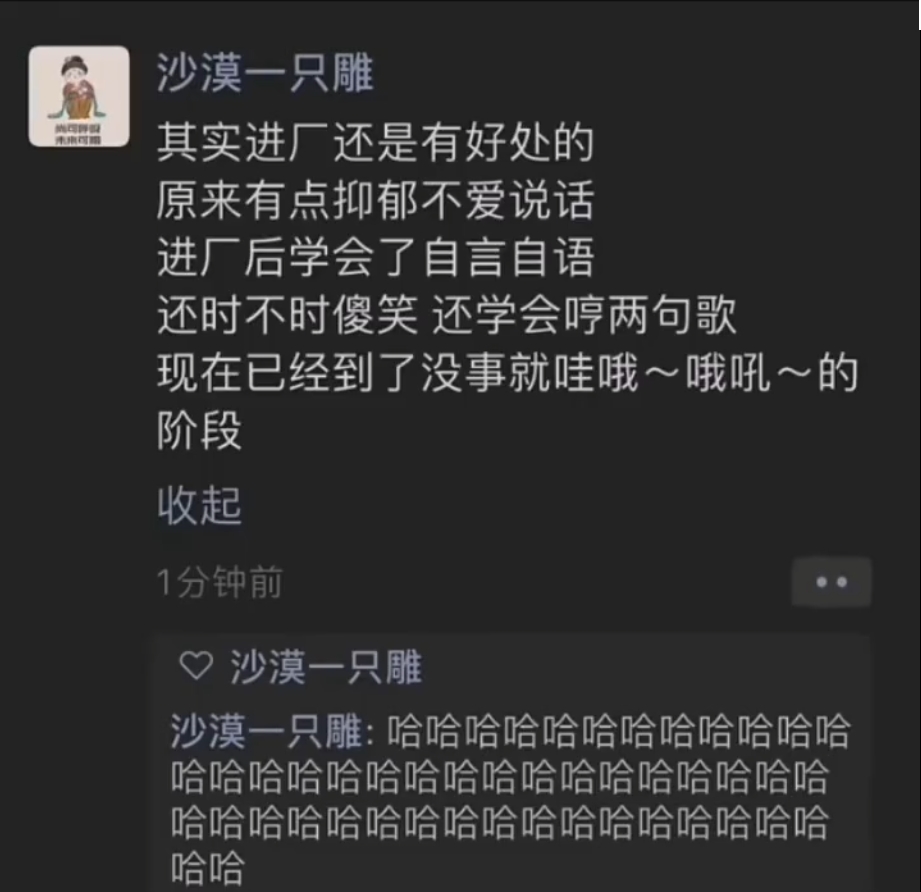 原来有点抑郁不爱说话，进厂后学会了自言自语