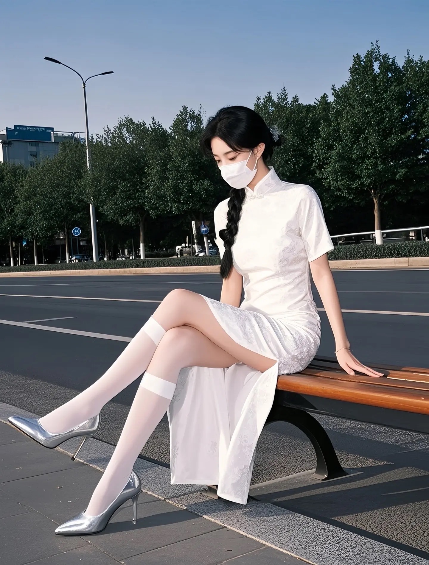 身着旗袍坐于长椅，尽显优雅气质
白色旗袍搭配长袜高跟鞋，优雅永不过时
静坐街边长