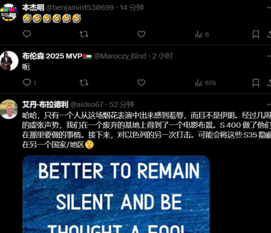 以色列人发帖表示，以色列空军的打击，让伊朗根本没有还手之力，就像是打手无寸铁的人