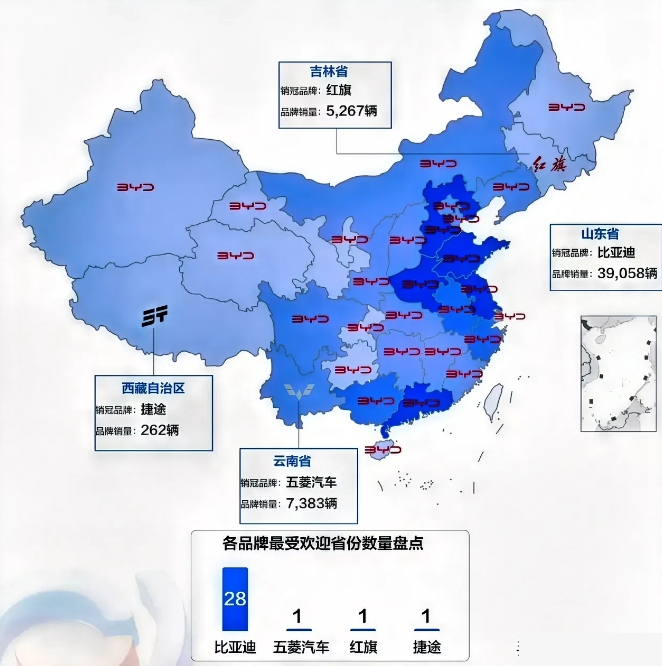 这是全国人民最喜欢的汽车品牌一览表。
讲解一下这个图。比如省份上标了比亚迪，就是