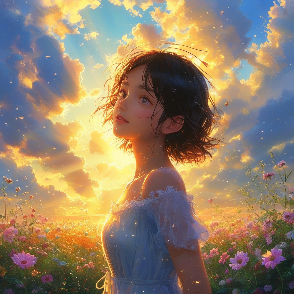 你的温柔，带着光，沿着发际泻下银河的全长。那光芒，如同一曲悠扬的旋律，在寂静的夜