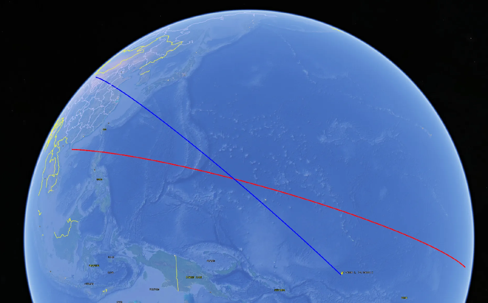 经过军事爱好者准确分析！中国发射的洲际导弹射程达到了11,698千米！
蓝线：1