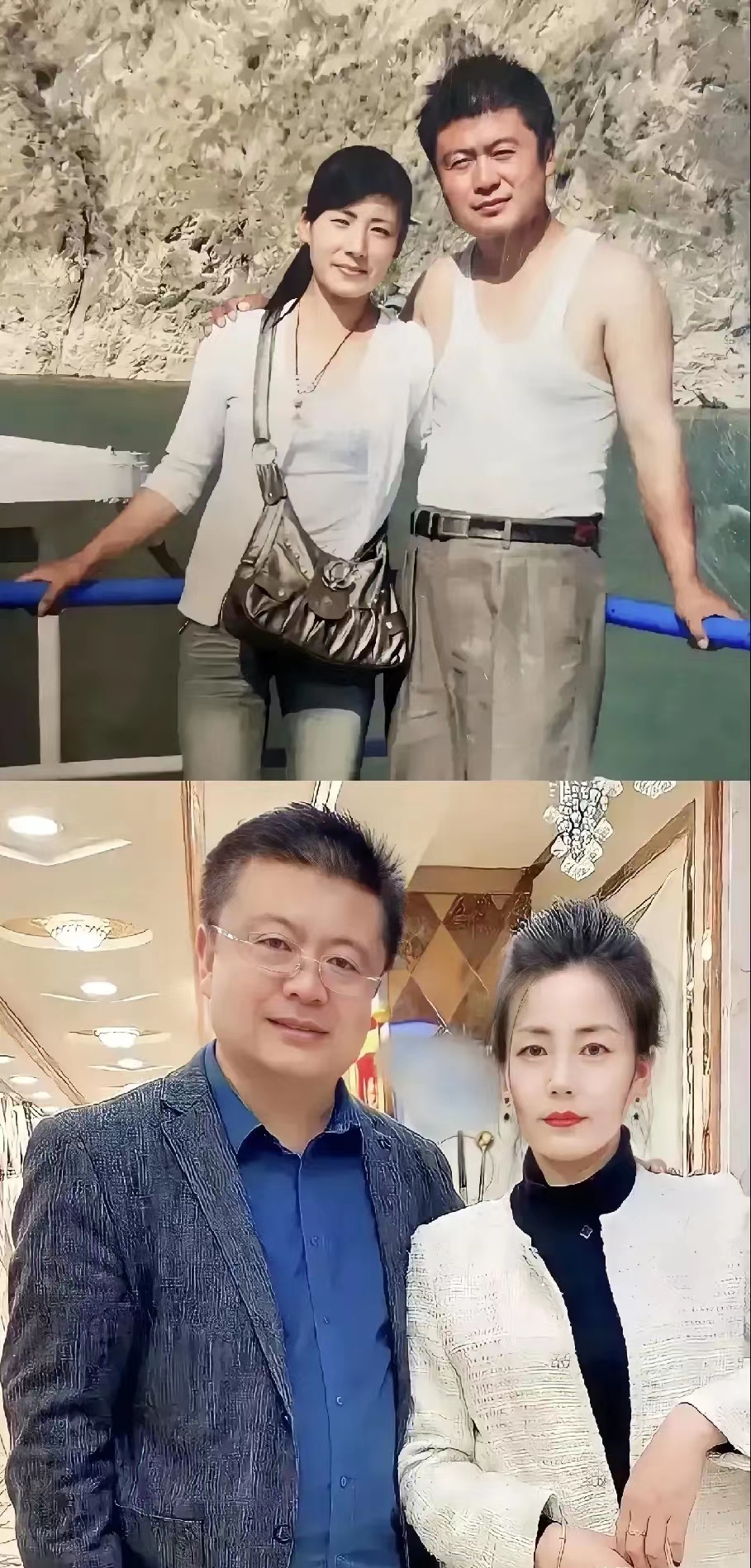 重庆一对夫妻时隔三十年来的对比照。男生戴上了眼镜，气派十足，应该是事业有成。女生
