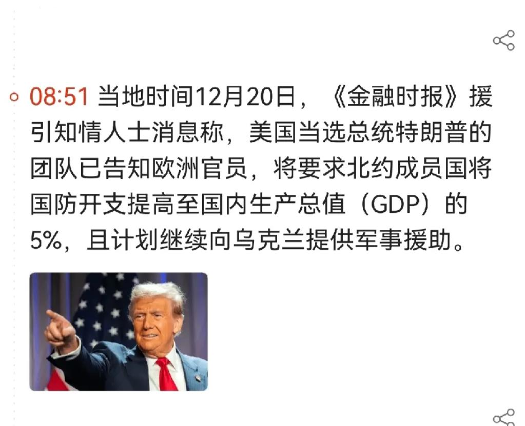 不知道特朗普说这句话是不是真的？据报道，特朗普自己告知欧洲官员，欧洲国家需要将国