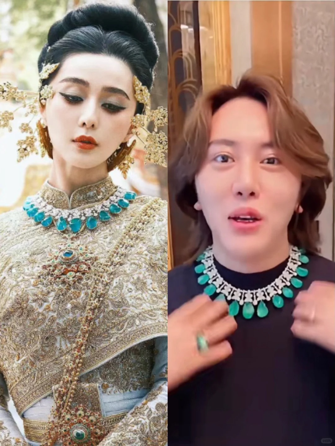所以她俩连祖母绿项链都能撞款吗？？？
🌟Bing Bing在泰国亮相的祖母绿项