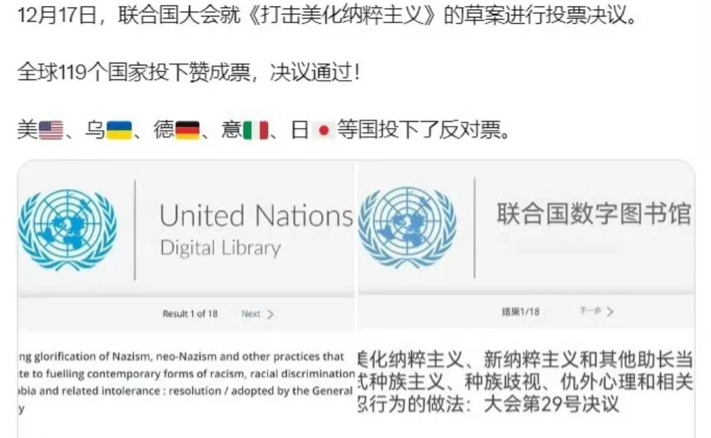 联合国大会就打击《美化纳粹主义》的草案投票通过，119个国家投了赞成票，但美国、