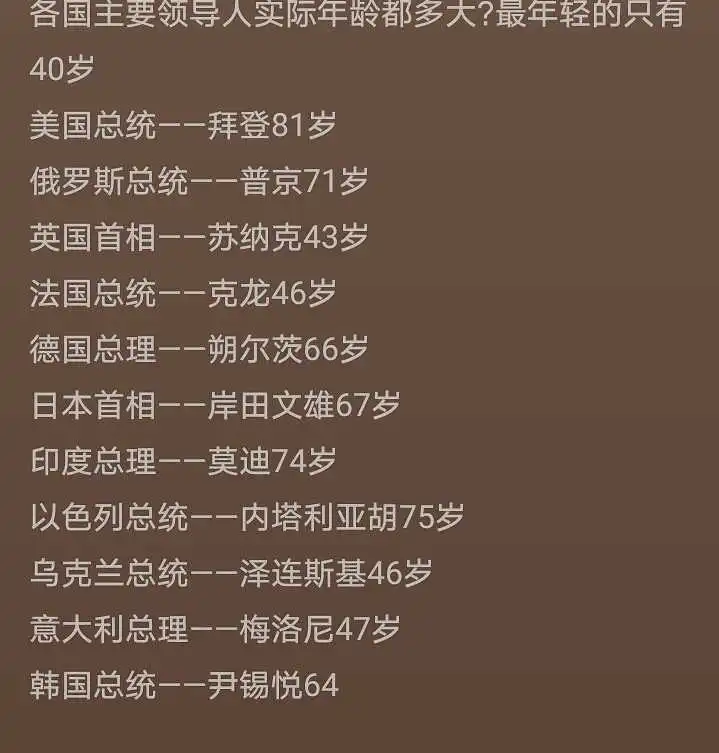 各国主要领导人实际年龄都多大？最年轻的只有40岁！