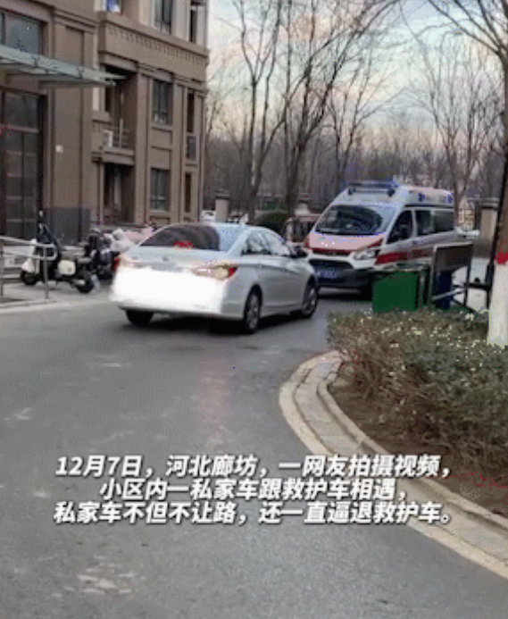 这算不算变相S人？河北，一私家车小区内不给救护车让路，逼着救护车后退，病人家属的
