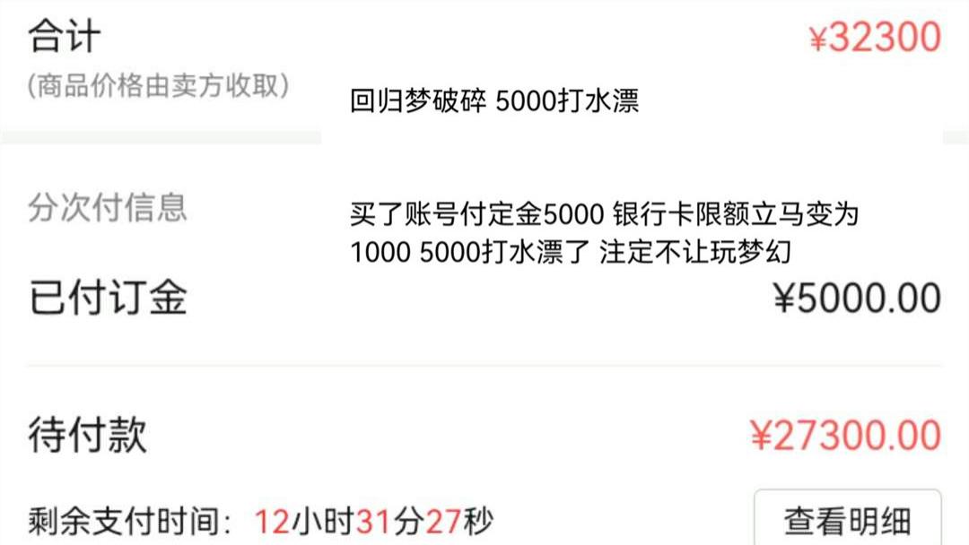 梦幻西游：买号钱打水漂了，付了5000订金，银行卡限额不能付尾款了