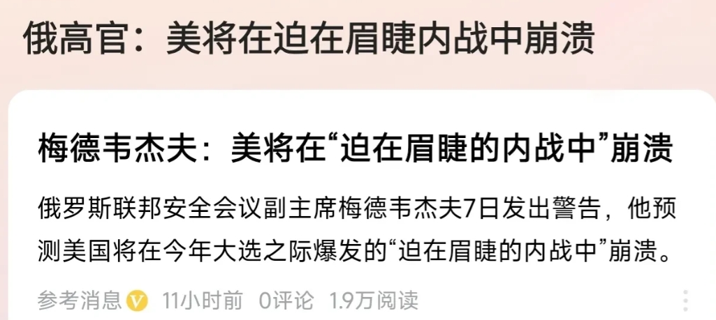 梅德韦杰夫对美国的警告和预测一针见血！

梅德韦杰夫预测美国将在今年大选之际爆发