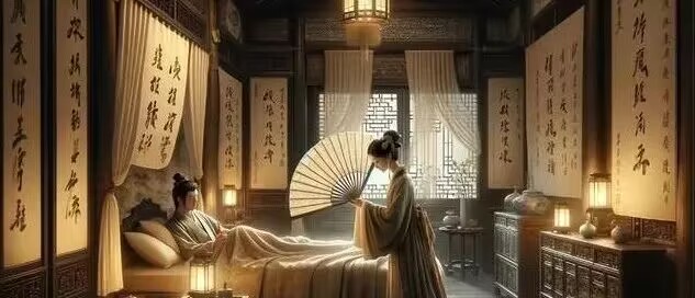 晚上古代的夫妇进入梦乡，而丫鬟则默默地守在一旁。这个画面放到咱们现在这个高度重视