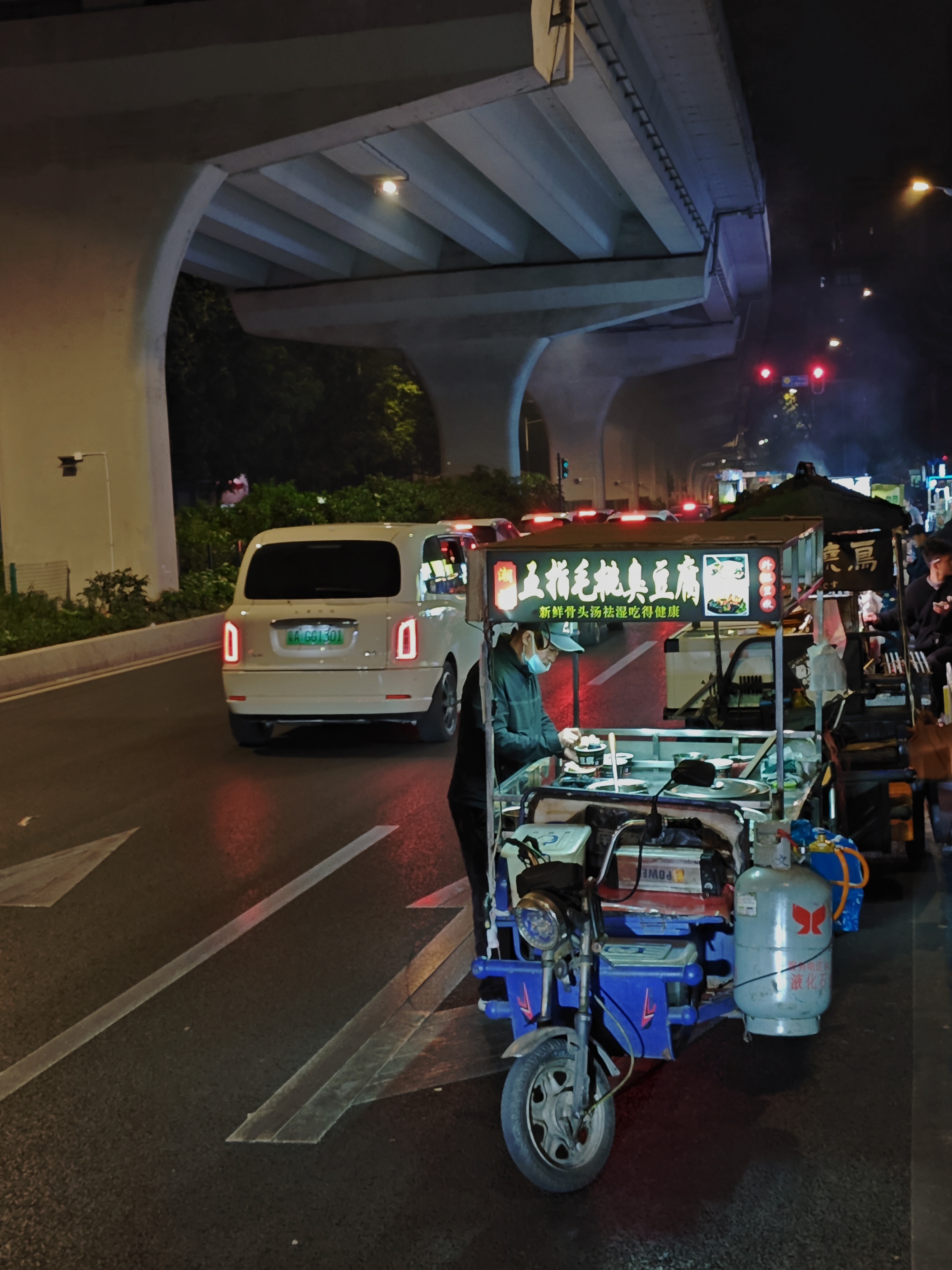 【五指毛桃臭豆腐】夜市小吃车，沿着高架桥一路排成长龙。才看清第一辆车的招牌，原来