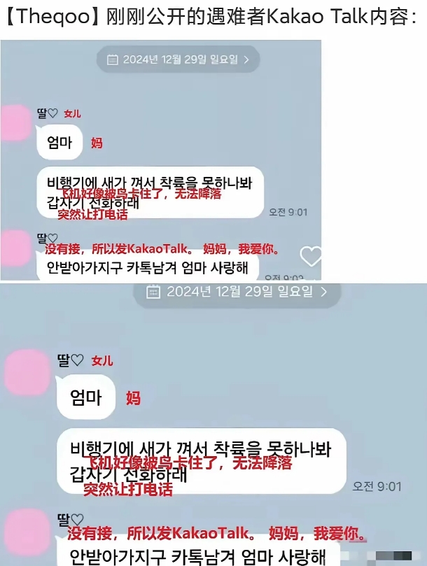 韩国客机坠毁在生命的最后关头，女儿给妈妈连发4条“妈妈，我爱你”，可妈妈一直没来