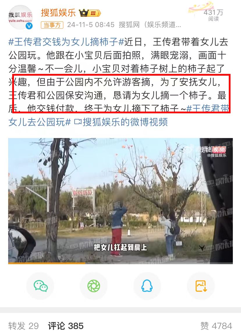王传君交罚款为女儿摘柿子，引教育争议