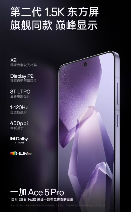一加 Ace 5 Pro 手机首发第二代 1.5K 东方屏，支持“太阳显示”技术