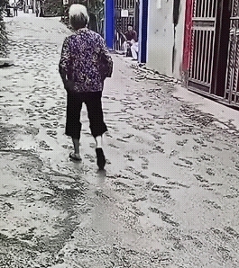 老太太在新修的水泥路上走花，并且走的很有气势，没有干的水泥路上，到处都是老太太的