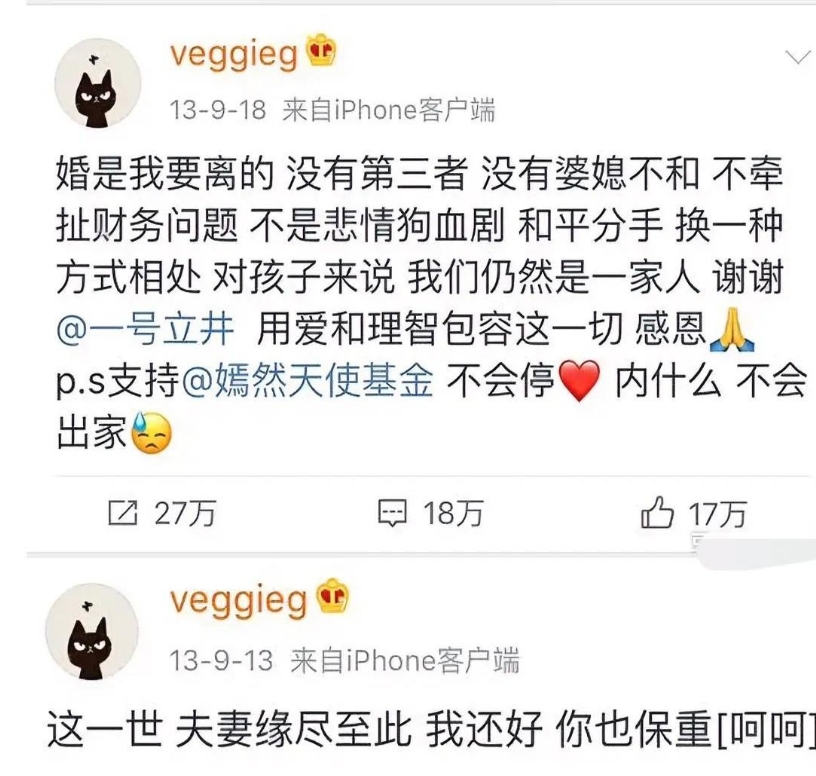 刷到陈晓陈妍希离婚声明时突然想起，内娱离婚文案天花板还得看王菲。

当年那条引爆