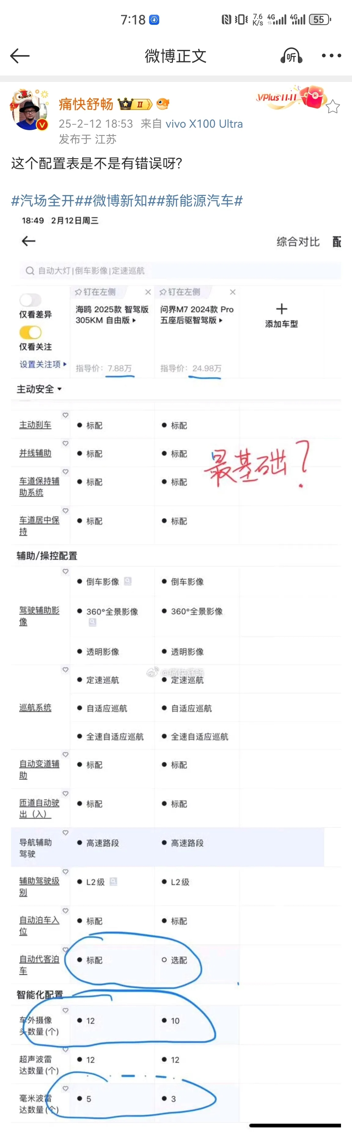 比亚迪KOL发的 海鸥 和要问界M7的配置对比图。
只看这张图的话，海鸥在配置上