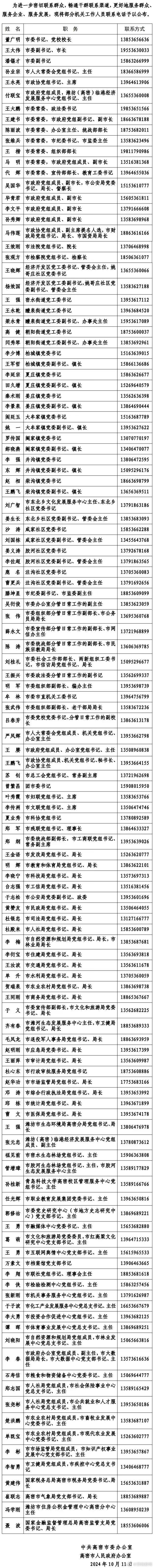 山东高密公布市委书记等领导手机号
