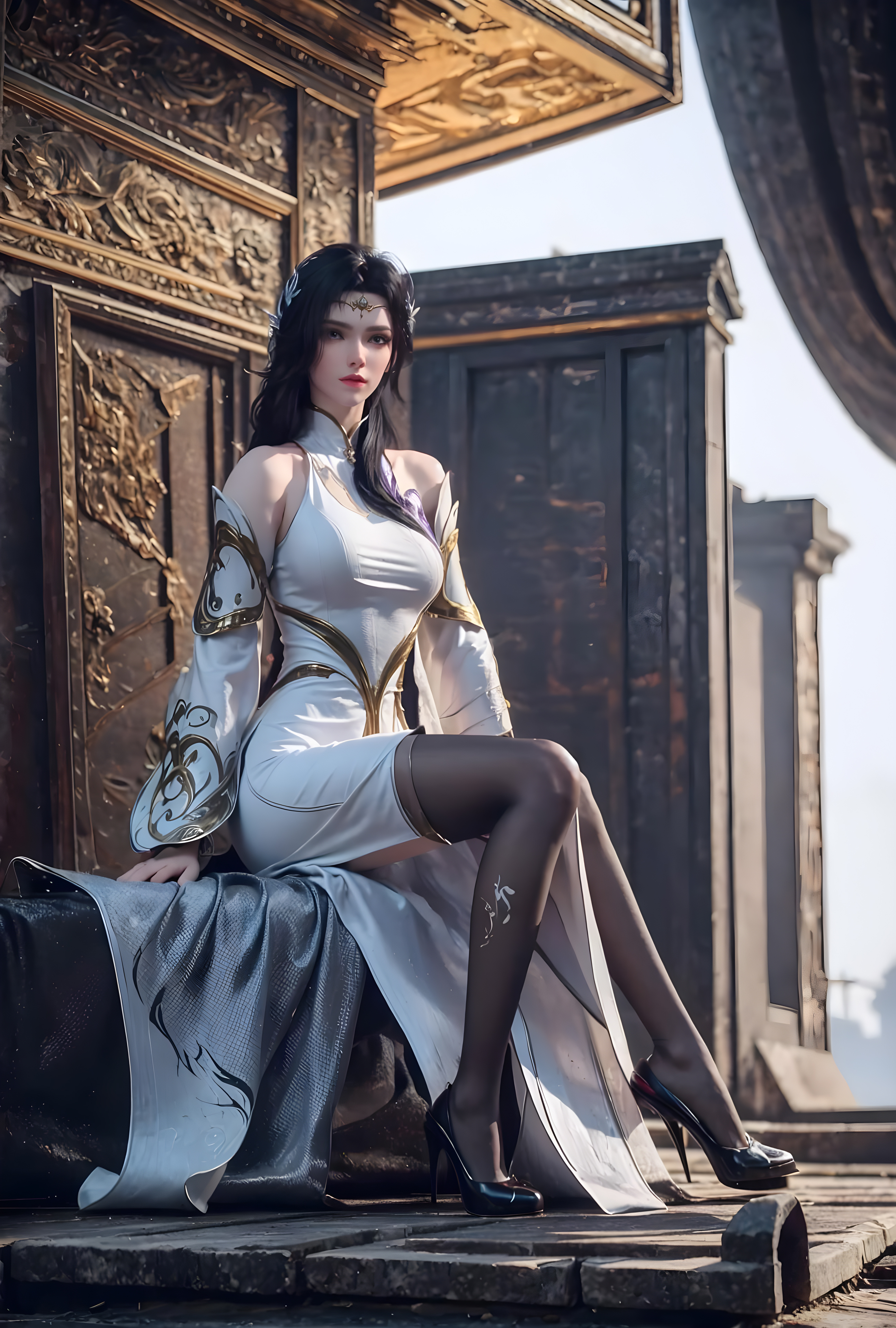 国漫女神AI绘画壁纸：玄衣之韵，长腿倾城！