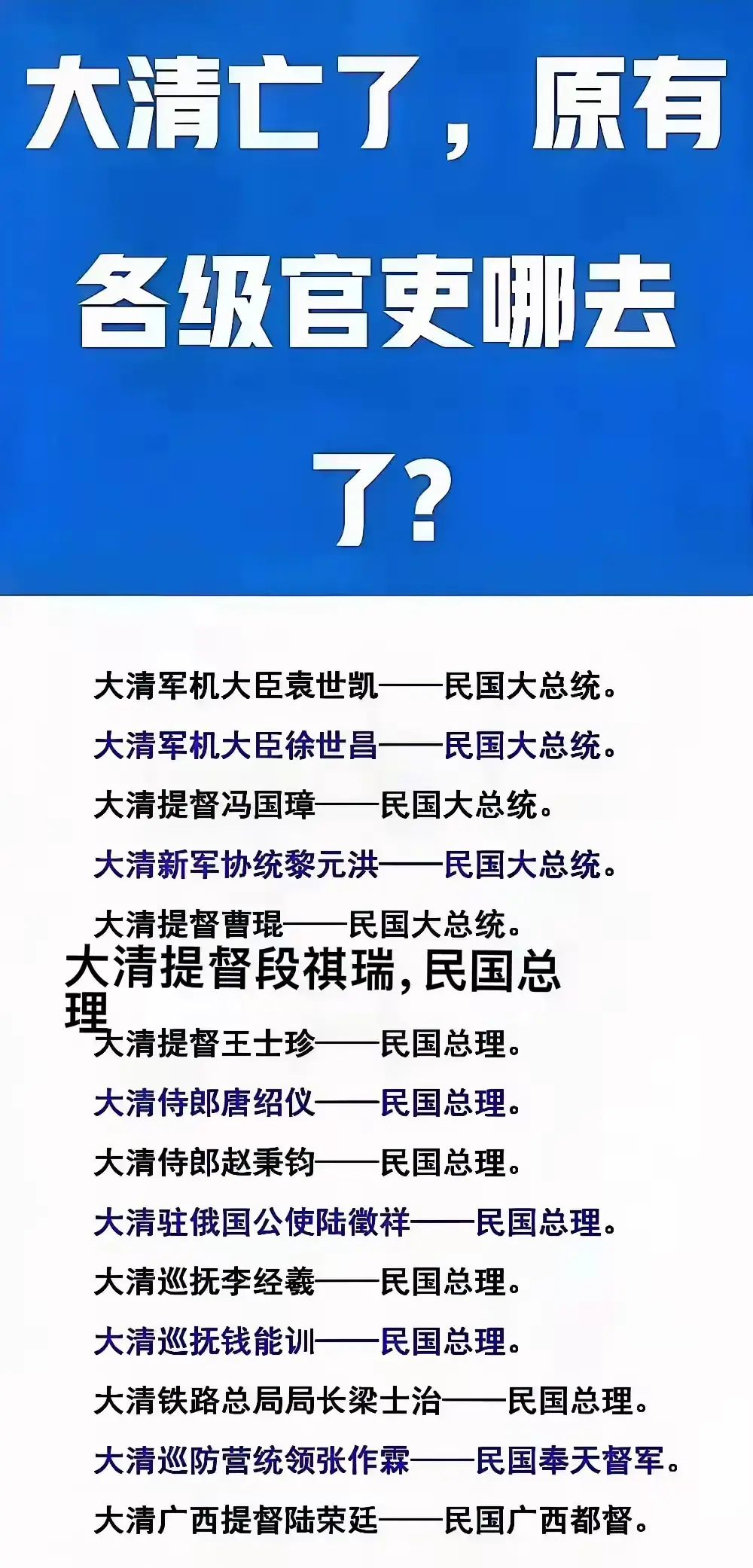 大清亡了，原来的主要官员都去哪里了呢，请看下表，全部总结下来了，基本都当上了中华