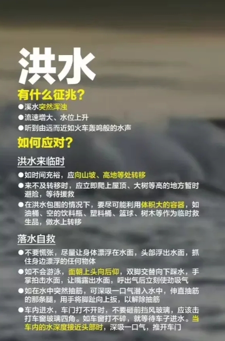 正确防灾避险，望大家都平安！

暴雨等强对流天气可能会引发山洪、泥石流、塌方等次