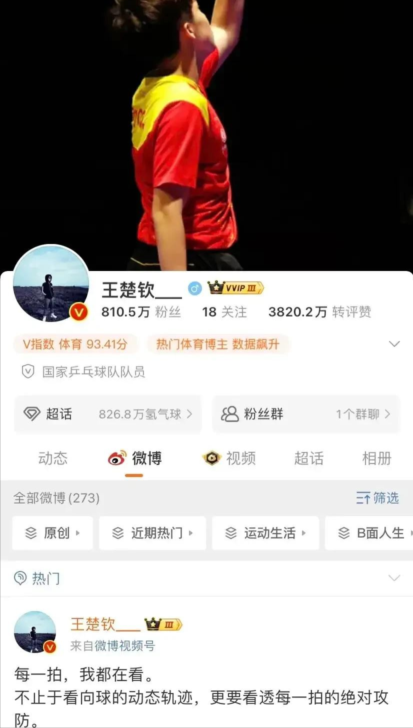 王楚钦的微博关注很有些意思，因除刘国梁、秦志戬、王皓等旗帜鲜明的18人以外，就再