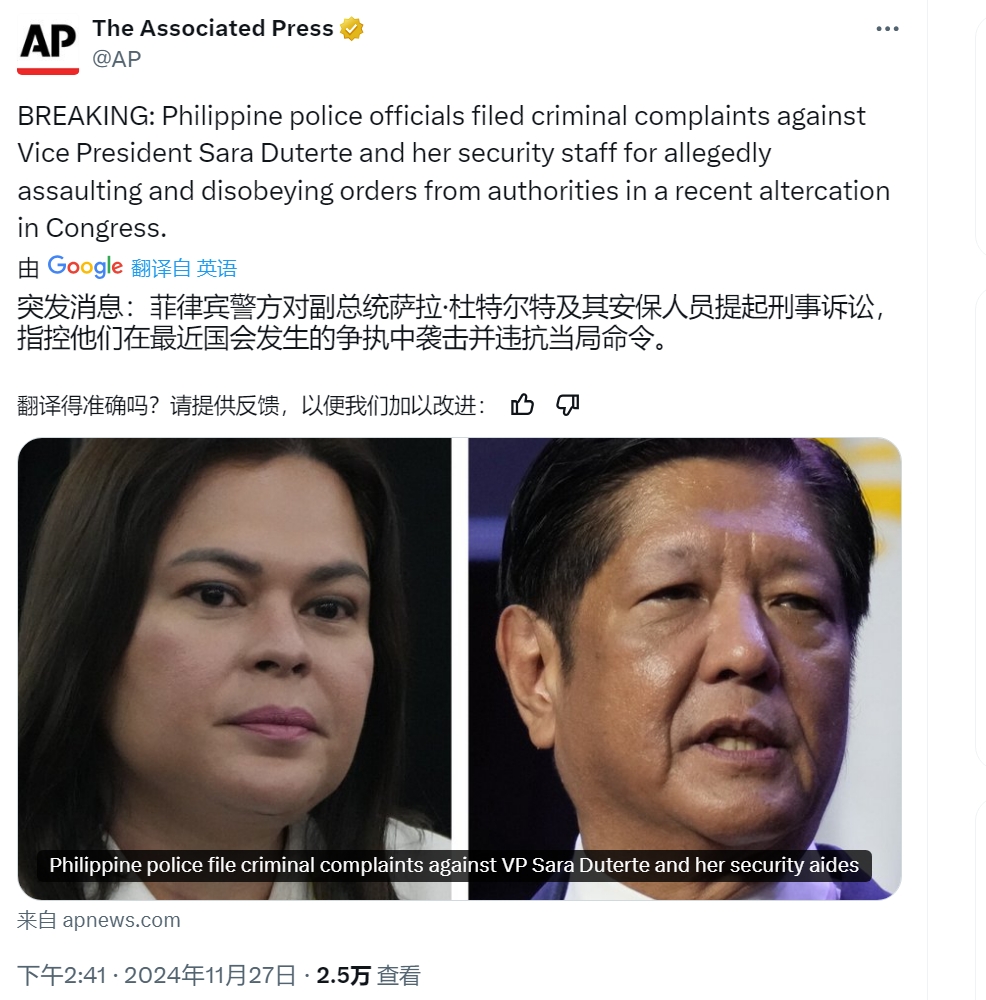 菲律宾警方对副总统提起刑事诉讼