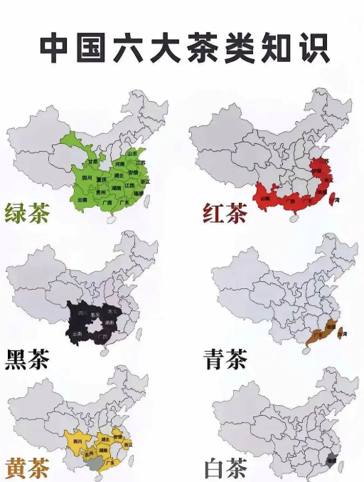 中国六大茶类的分布图。