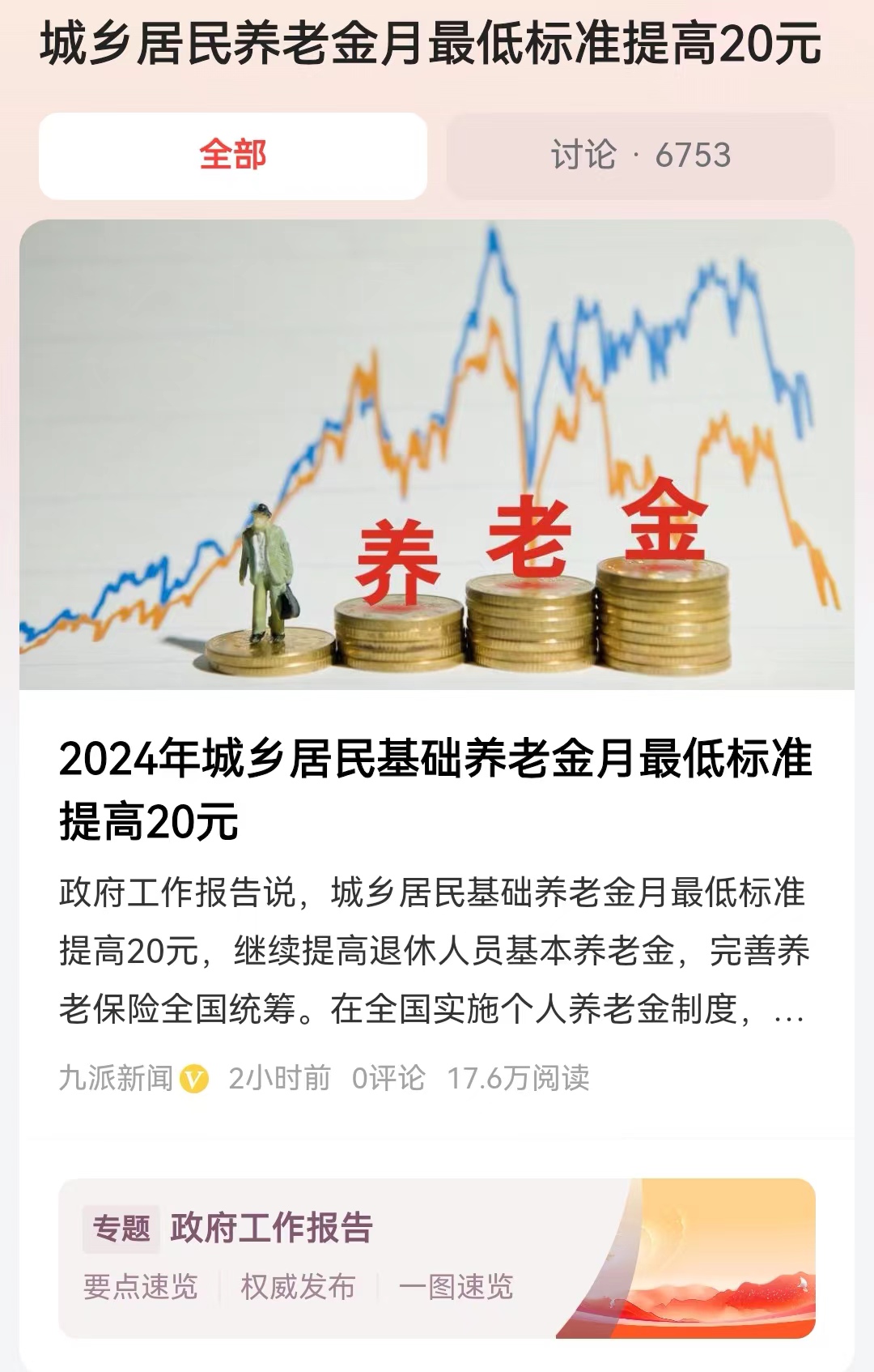 #城乡居民养老金月最低标准提高20元#今年养老金的基调看来是定了！无论是城镇职工