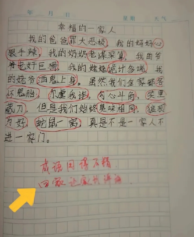 天呐，简直哭笑不得！
儿子写的作文

这是该夸
还是得好好收拾一顿？