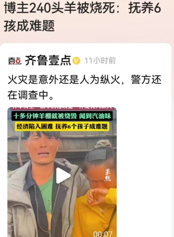 湖南祁东，男子200多平的羊棚突然起火，他养的240多只羊全部被火烧死。男子闻到