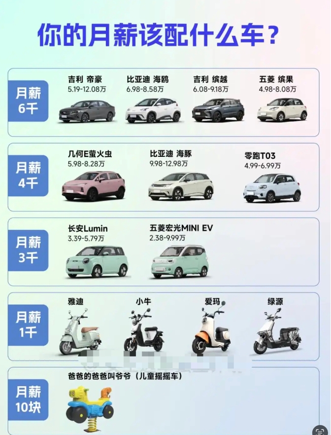 月薪6000该买什么车，这张图解释的非常清楚。
吉利帝豪，比亚迪海鸥，吉利缤越，