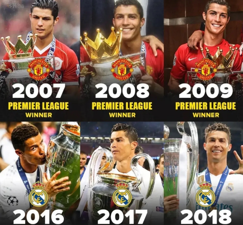 英超三连冠+欧冠三连冠，C罗是足坛历史上唯一实现这一成就的球员
2007—200